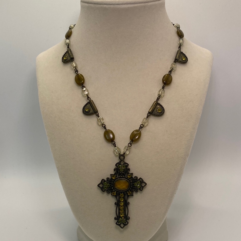 Vintage Bijoux Terner Cross Pendant Necklace With Brown And Green Accents